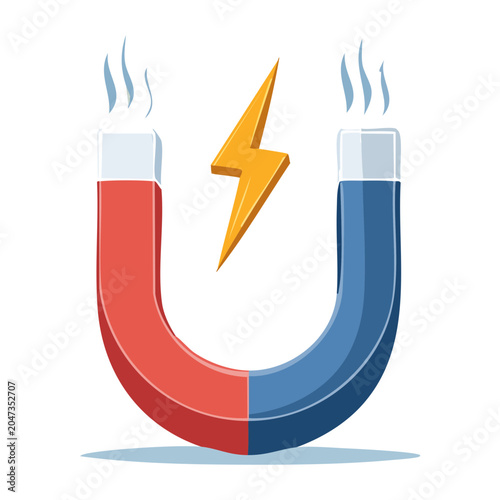 Horseshoe magnet with lightning bolt and steam