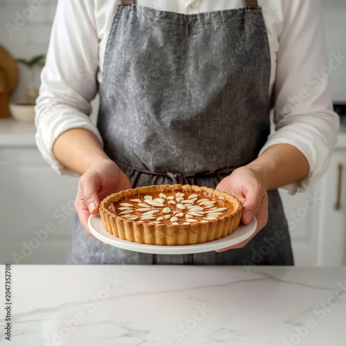 Person holding an almond tart in the kitchen