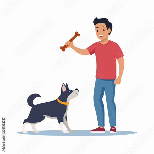 Man playing with dog, holding a bone toy