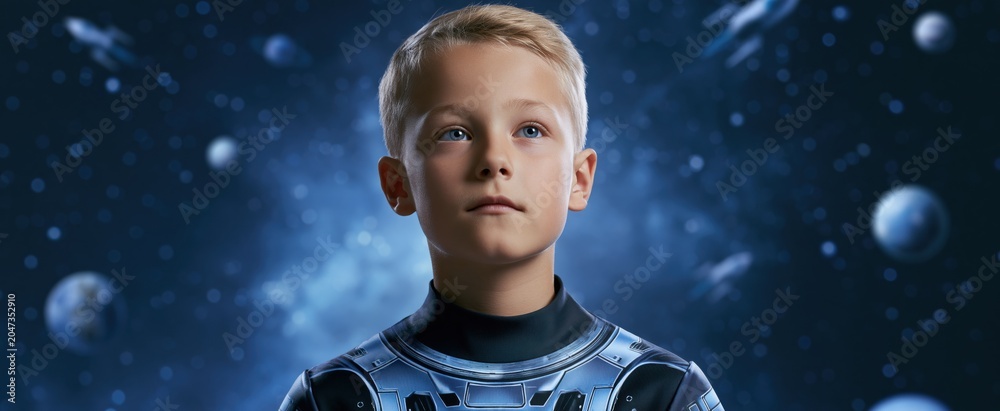 Obraz premium Child in futuristic astronaut suit exploring vibrant galaxy with floating planets and rockets, inspiring space adventure.