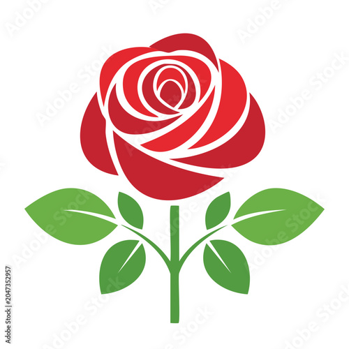 Stylized red rose with green leaves on white background