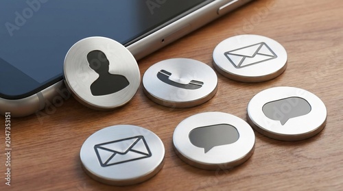 Communication icons on smartphone, wooden table