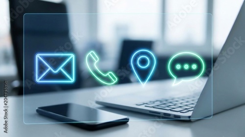 Communication icons on laptop and smartphone in office