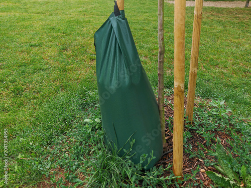 Green generic PVC tree watering bag is designed to slowly release water directly to the root system of newly planted trees