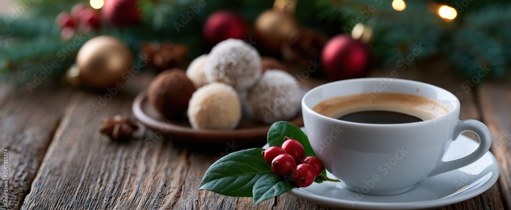 Fototapeta premium Rustic winter scene featuring holiday treats, espresso, and festive decorations for a cozy seasonal celebration.