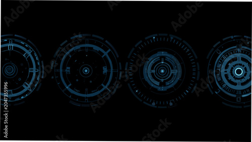Bild auf Leinwand Four Circular Interface Elements With Glowing Blue Lines On Black Background ele