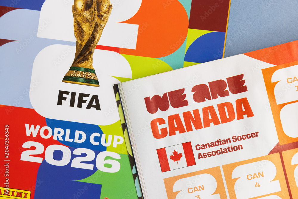 Naklejka premium LONDON, UK - JUNE 2026: Canada team page with flag in the 2026 world cup sticker book