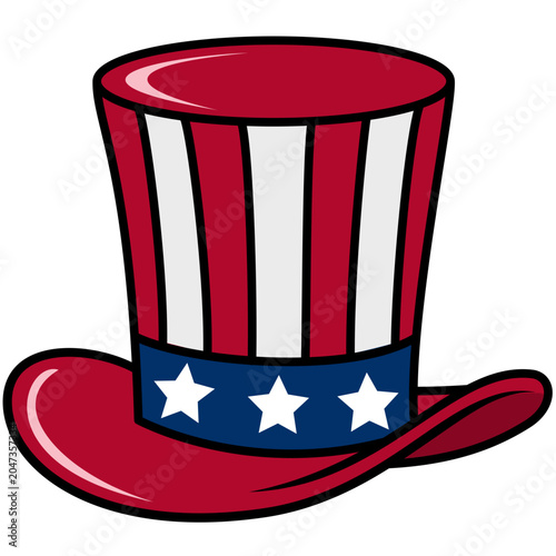 A colorful, cartoon-style illustration of an iconic Uncle Sam top hat featuring red and white vertical stripes and a blue band with white stars.