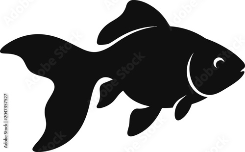 Black silhouette of a goldfish swimming to the right side  isolated on white
