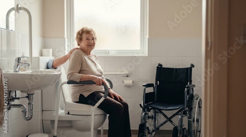 Elderly woman using bathroom walker aid.