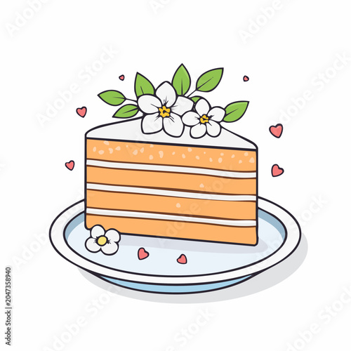 Slice of Layer Cake with Flowers and Hearts
