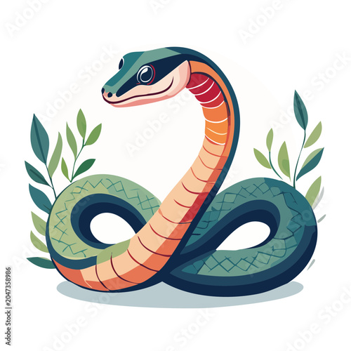 Stylized flat design illustration of a green snake with plants