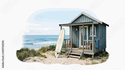 Small beach hut with wooden stairs.