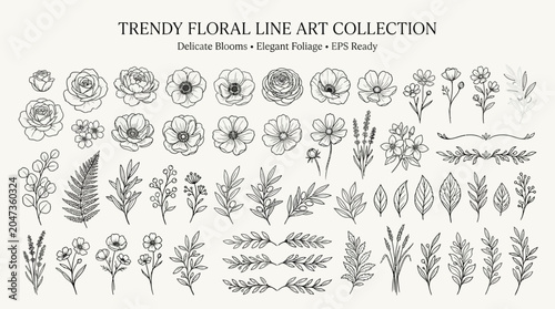 Trendy Floral Line Art Collection Designs.