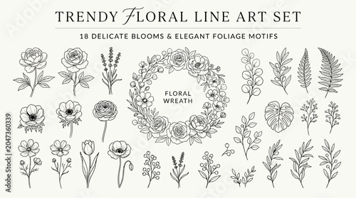 Trendy Floral Line Art Flower Set.