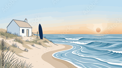 Small white house on sandy beach.