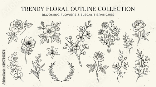 Trendy Floral Outline Collection Flowers.