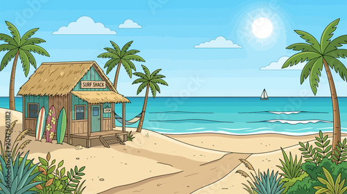Colorful beach hut with palm trees.