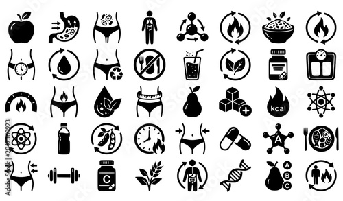 Metabolism Icon Set Featuring Human Digestion Nutrition Fasting Calories and Weight Loss System Template in Black Solid Glyph Style