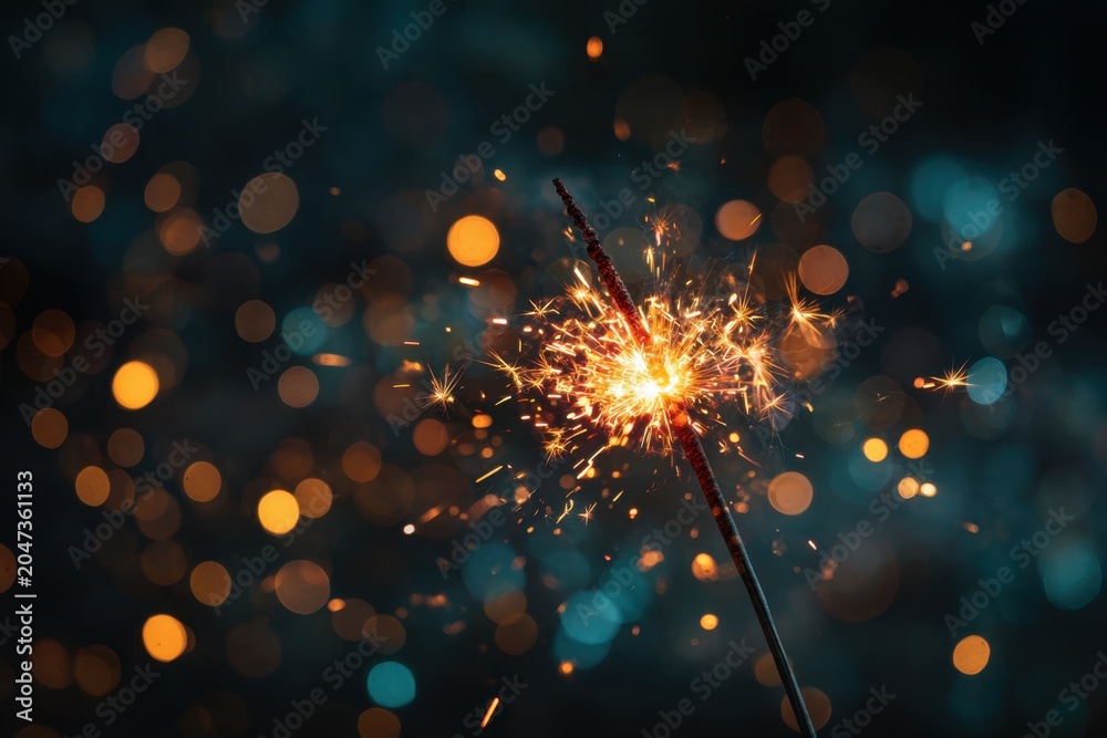 Obraz premium Bright glowing sparkler emitting vibrant sparks and festive bokeh lights against a dark blurred background creating a warm celebratory atmosphere
