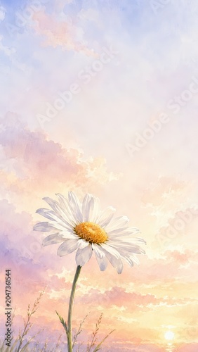 Beautiful Daisy Flower Under Colorful Sunset Sky with Clouds and Warm Hues