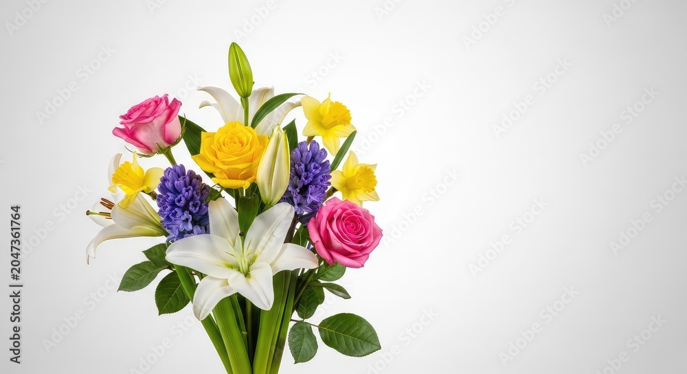 Obraz premium A vibrant bouquet of fresh spring flowers featuring roses and lilies rests elegantly against a clean, soft white gradient background, anniversary, gift, roses