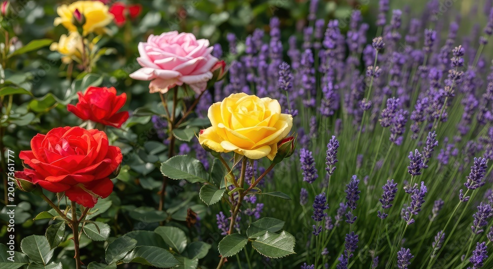 Obraz premium A vibrant summer garden filled with blooming colorful roses and lavender under soft natural sunlight, creating a peaceful outdoor landscape, leaves, vegetation, soft