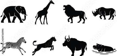 Canvas Print PrintBlack Silhouettes of African Wildlife Animals Including Elephant Giraffe Li