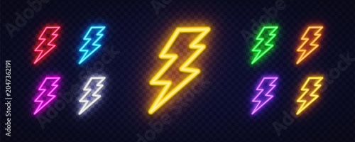 Set of 9 neon lightning bolt icons with sharp zigzag shape in yellow, red, blue, green, orange, pink and purple on dark transparent background.