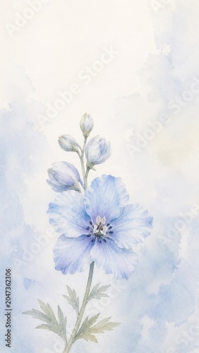 Delicate Blue Flower on Soft Watercolor Background with Gentle Blends and Hues