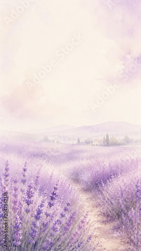 Serene Lavender Fields Under a Soft Purple Sky in Dreamy Watercolor Style