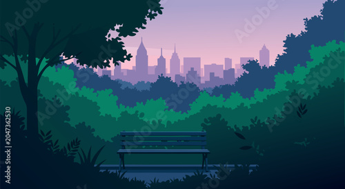 Serene city park bench with a distant skyline vector illustration at dusk, peaceful nature and urban scenery