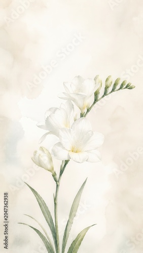 Elegant White Freesia Flower on Soft Pastel Background in Watercolor Style