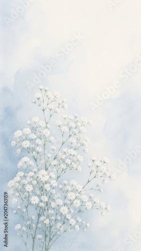 Delicate White Flowers Against Soft Blue Watercolor Background for Artistic Designs
