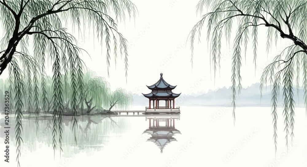 Obraz premium Serene ink wash painting captures an ancient tiered pavilion by a misty lakeside, framed by the delicate, drooping branches of willow trees, classic, textured, fog