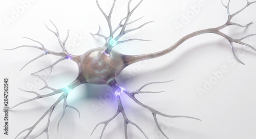 A highly detailed computer-generated neuron with glowing blue synapses and extensive branching.