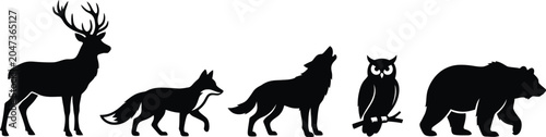 Wild forest animal silhouettes deer fox wolf owl and bear with silhouette wildlife predator woodland collection outdoors wilderness creature conservation environment standing adventure