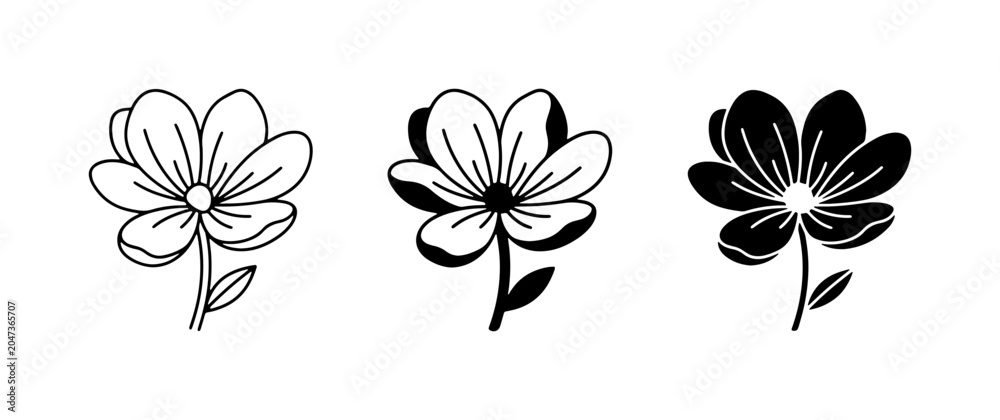 Obraz premium Simple Flower Icons: Outline, Shadowed, Silhouette Vector Graphics for Design