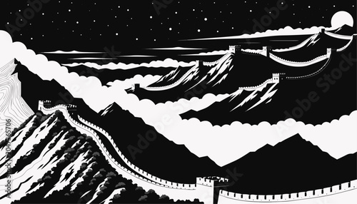 Fotografia Very beautiful black-and-white vector illustration featuring the Great Wall of C