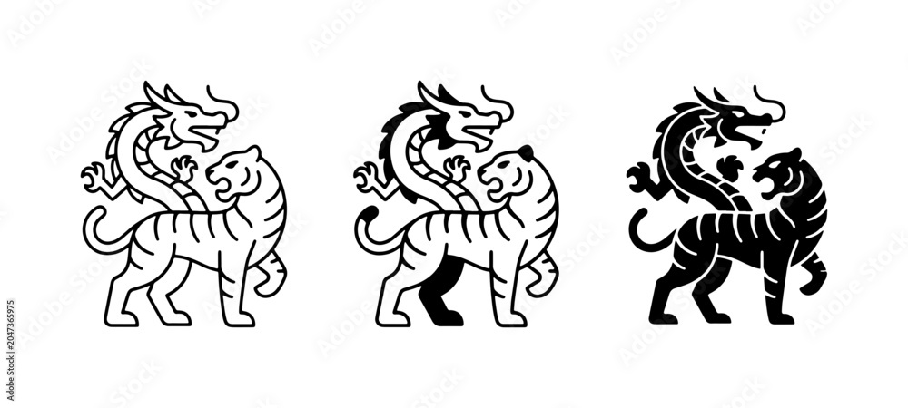 Obraz premium Dragon and Tiger Icons, Mythical Creatures, Yin Yang Symbolism, Asian Culture, Vector Art