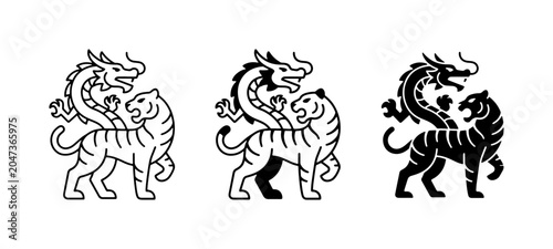 Dragon and Tiger Icons, Mythical Creatures, Yin Yang Symbolism, Asian Culture, Vector Art