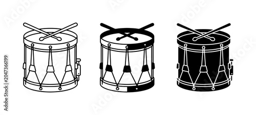 Obraz na płótnie Drum Set Vector Icons: Military Snare Drum, Marching Drum, Bass Drum with Sticks