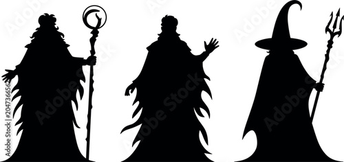 Fotografie Wizard and sorcerer silhouette collection, fantasy magic character vector illust