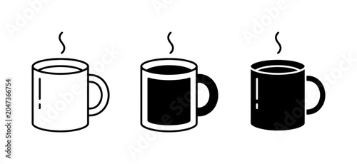 Hot Coffee Mugs, Three Styles: White Outline, Solid Black, and Silhouette Icons