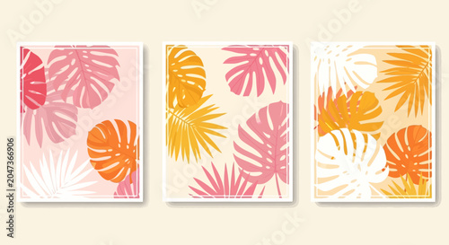 Set of three tropical summer posters with monstera and palm leaf illustrations in warm pastel colors