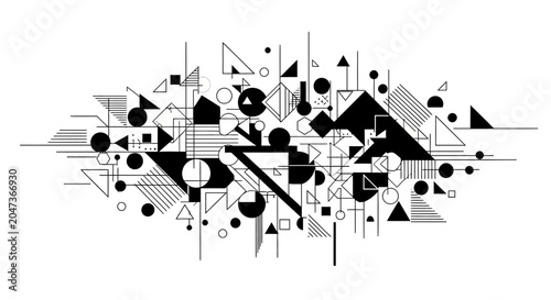 Abstract black and white geometric composition featuring various shapes and linear elements on a white background