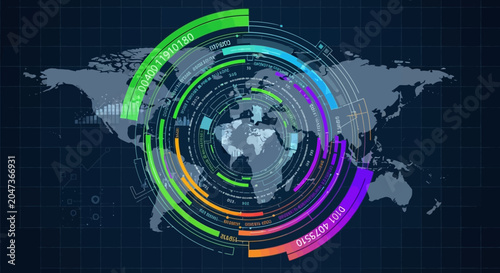Futuristic world map with digital heads-up display data visualization and global network interface