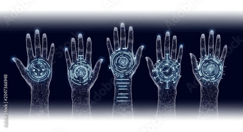 Digital Wireframe Hands with Futuristic Holographic Interface HUD and Biometric Scanning Technology Background