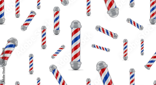 Pattern of traditional vintage barber poles with red white and blue stripes on white background