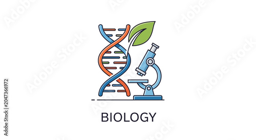 Biology science research concept with DNA helix, leaf and microscope vector illustration